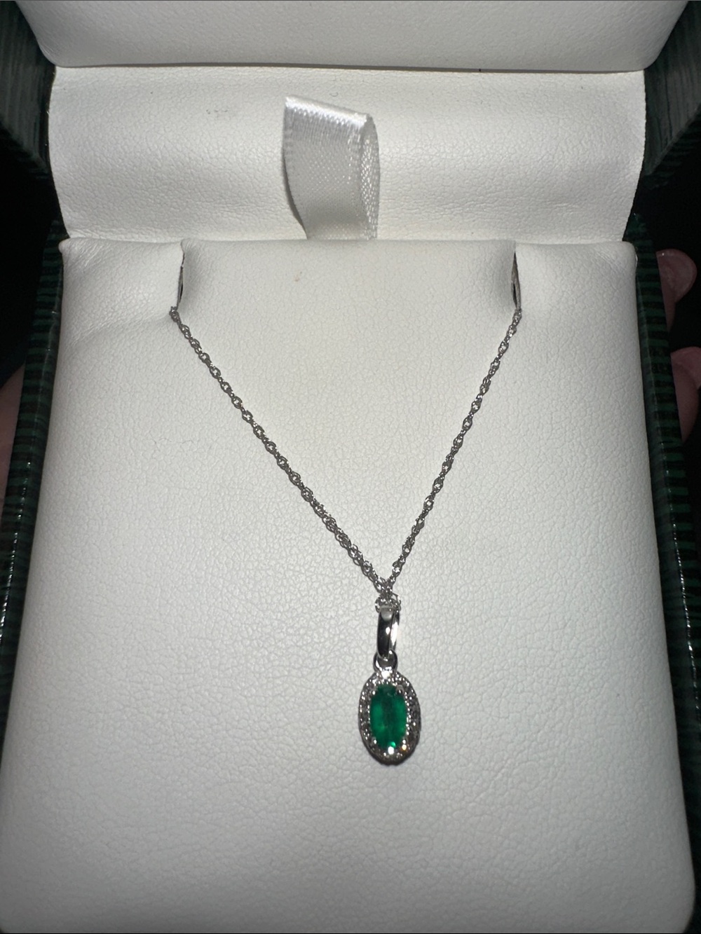 14k White Gold Oval Emerald and Diamond Halo Pendant Necklace